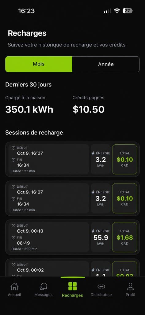 Application SmartCharge : historique des recharges et crédits gagnés