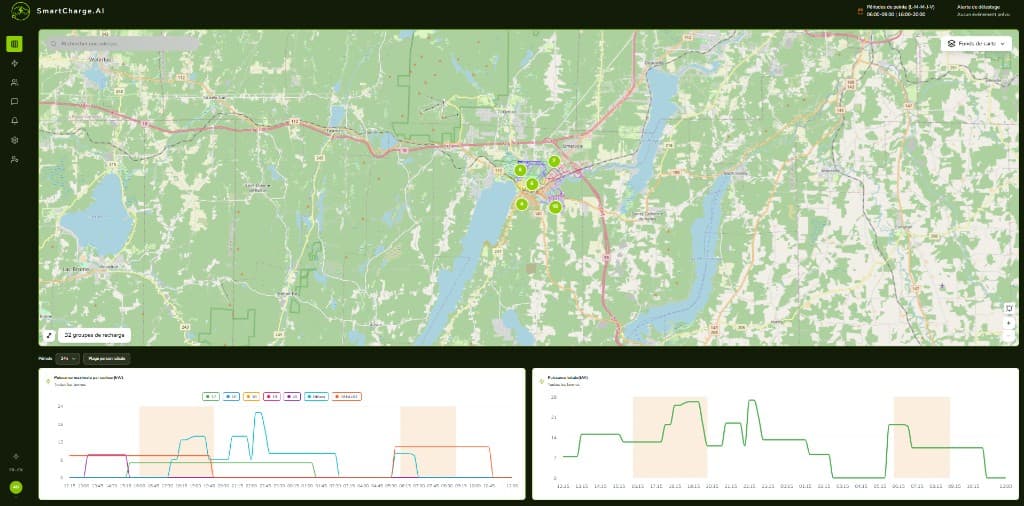 Tableau de bord SmartCharge pour distributeurs : carte du réseau et puissance de recharge