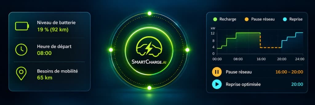 SmartCharge planifie la recharge : niveau de batterie, heure de départ, besoins de mobilité, puis orchestration avec pause réseau et reprise